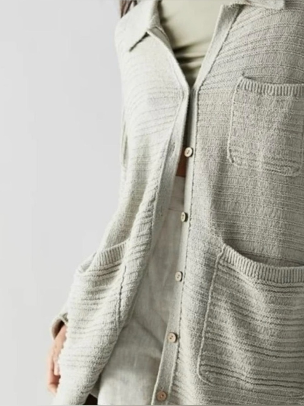 FREE PEOPLE Beach Cotton Light Gray Button-Front Knit Cardigan